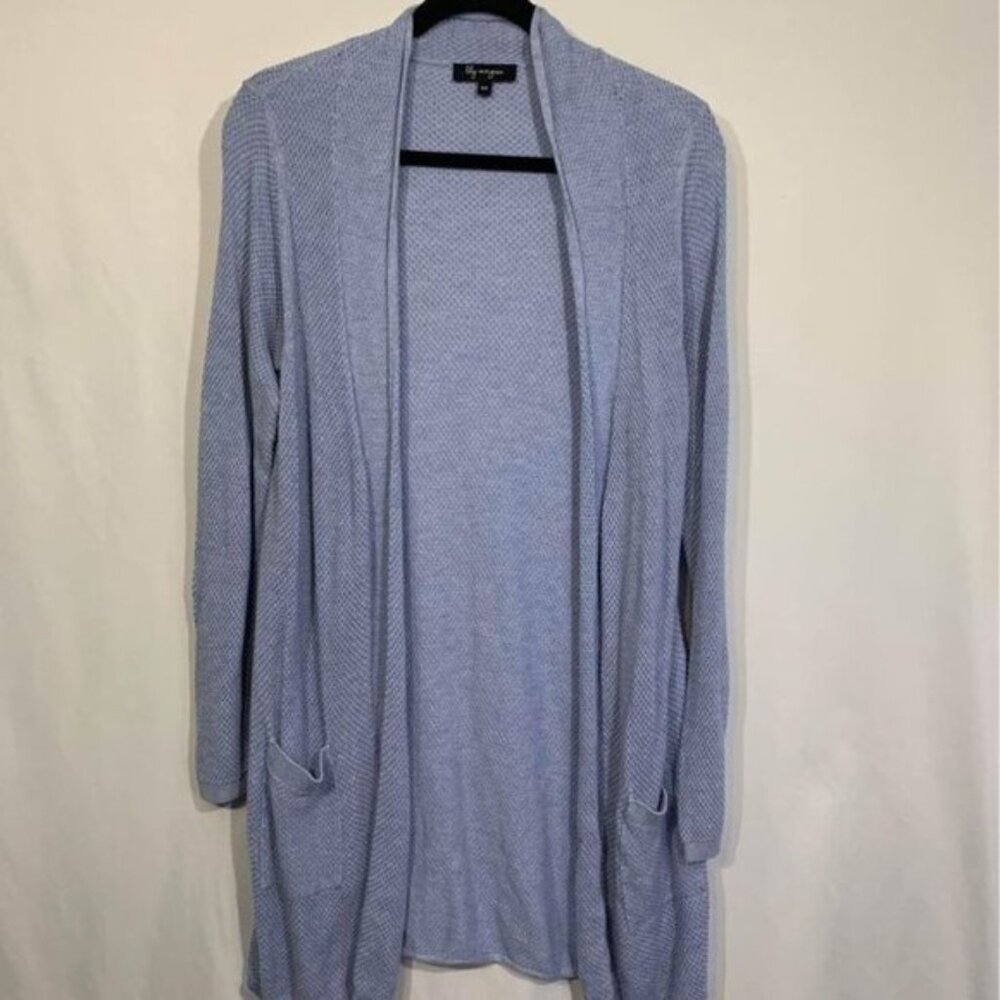 WOMANS light blue long cardigan Waffle knit Size small Front pockets